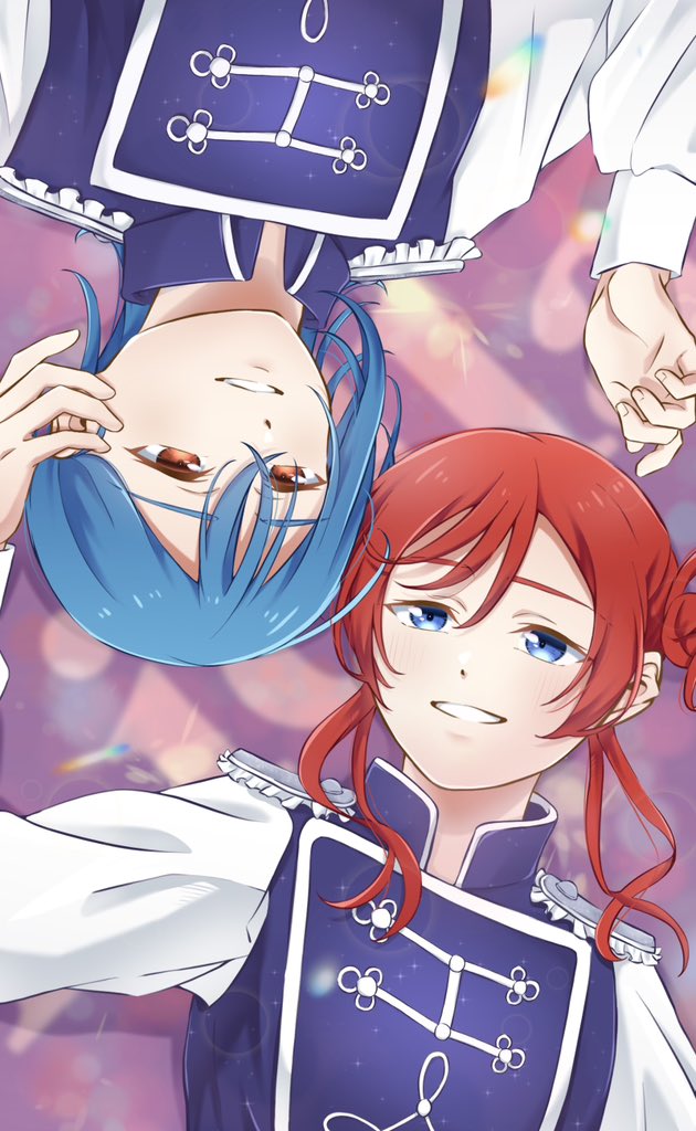 2girls, blue_eyes, blue_hair, colored_eyelashes, commentary_request, epaulettes, fingernails, hair_bun