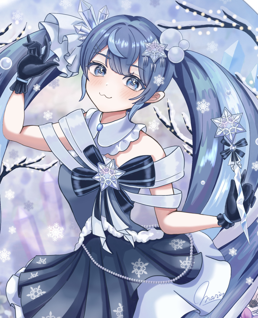 1girl, :3, black_gloves, blue_dress, blue_eyes, blue_hair, blush, closed_mouth