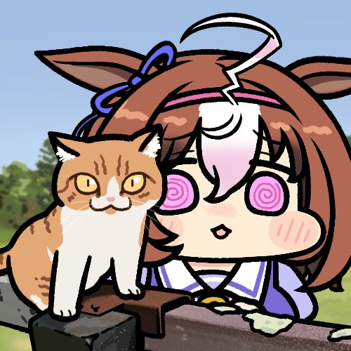 1girl, @_@, ahoge, animal_ears, brown_hair, cat, commentary_request, ear_ribbon
