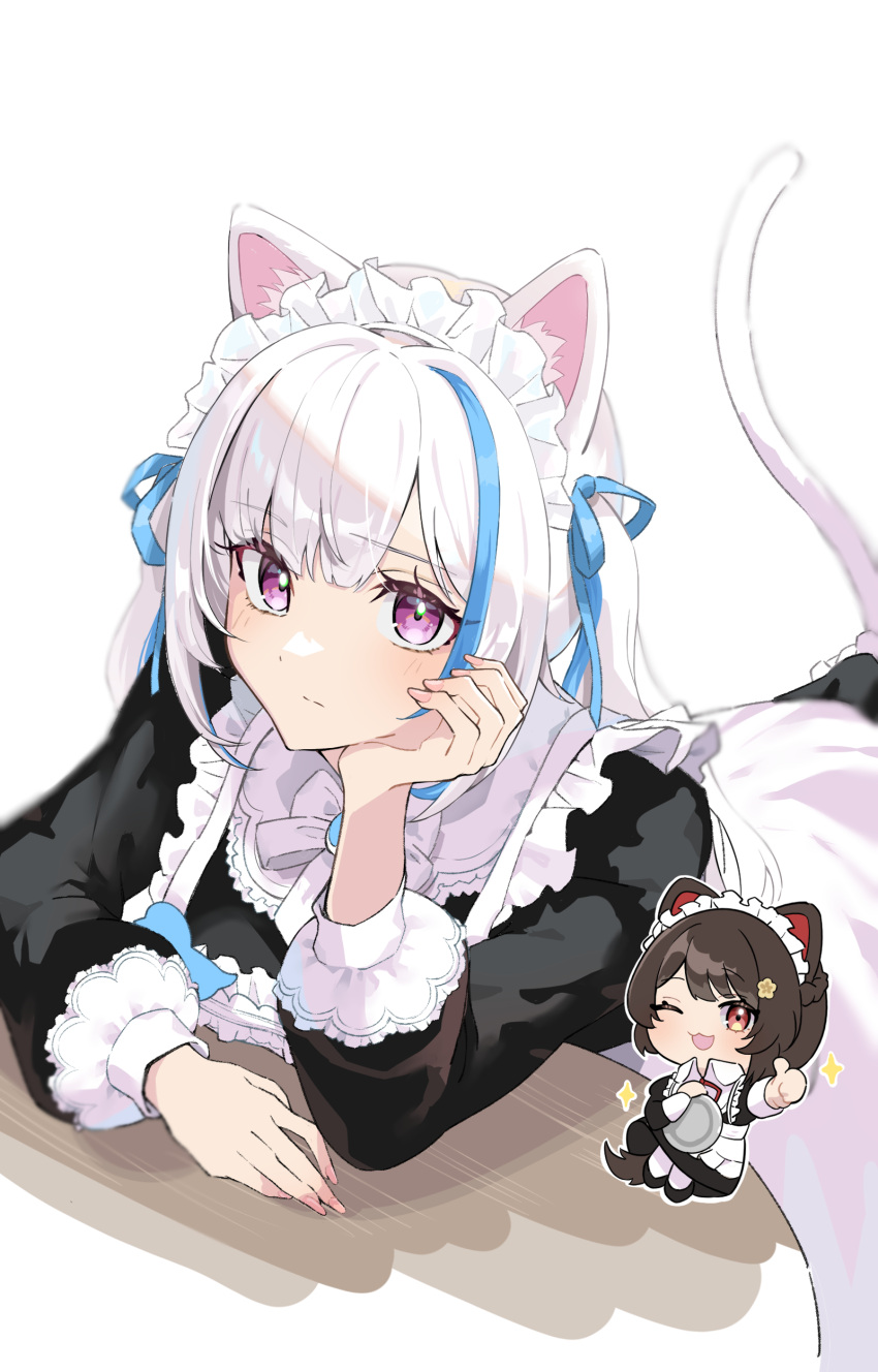 1girl, absurdres, apron, black_dress, blunt_bangs, blush, cat_tail, character_request