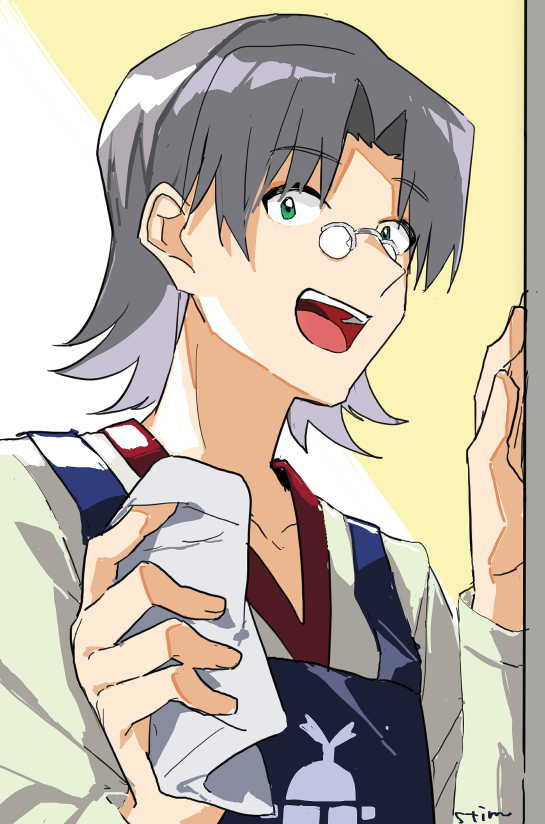 1boy, andou_loid, apron, blue_apron, curtained_hair, green_eyes, grey_hair, holding