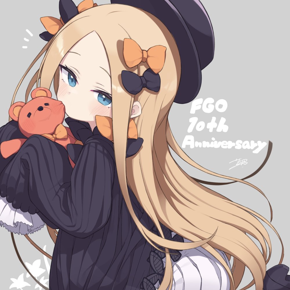 1girl, abigail_williams_(fate), abigail_williams_(first_ascension)_(fate), anniversary, biting, blonde_hair, bloomers, blue_eyes