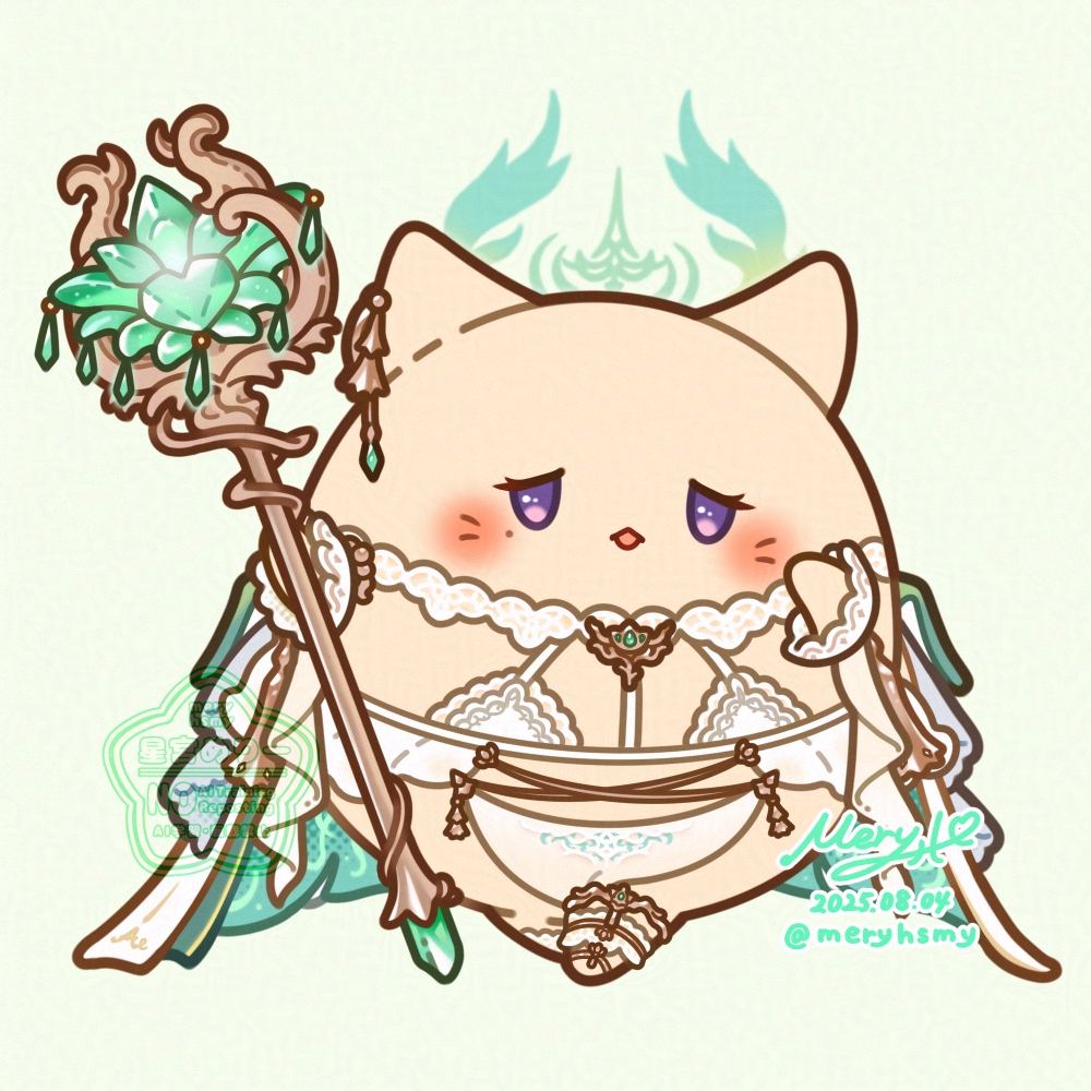 1other, artist_name, azur_lane, blush, bra, cat, commentary_request, cosplay, dated, full_body, gem, gouden_leeuw_(azur_lane), gouden_leeuw_(azur_lane)_(cosplay), green_gemstone, holding, holding_staff, hoshimiya_mery, lace-trimmed_bra, lace_trim, lace_wrist_cuffs, meowfficer_(azur_lane), pelvic_curtain, simple_background, staff, underwear, violet_eyes, watermark, white_bra