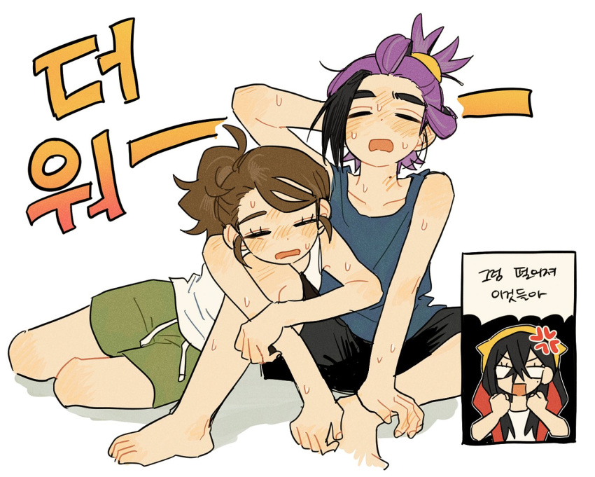 0pkmn, 1boy, 2girls, anger_vein, arm_behind_head, barefoot, black_hair, black_shorts, blue_tank_top, blush, brown_hair, carmine_(pokemon), clenched_hands, closed_eyes, green_shorts, hetero, highres, hot, juliana_(pokemon), kieran_(pokemon), korean_text, mole, mole_under_eye, multicolored_hair, multiple_girls, open_mouth, pokemon, pokemon_sv, purple_hair, shorts, simple_background, sitting, sweat, tank_top, translation_request, white_background, white_tank_top