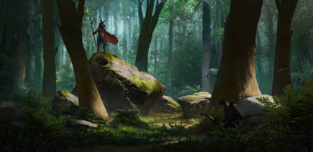 2others, bow_(weapon), bush, cape, faun, forest, grass, hiding