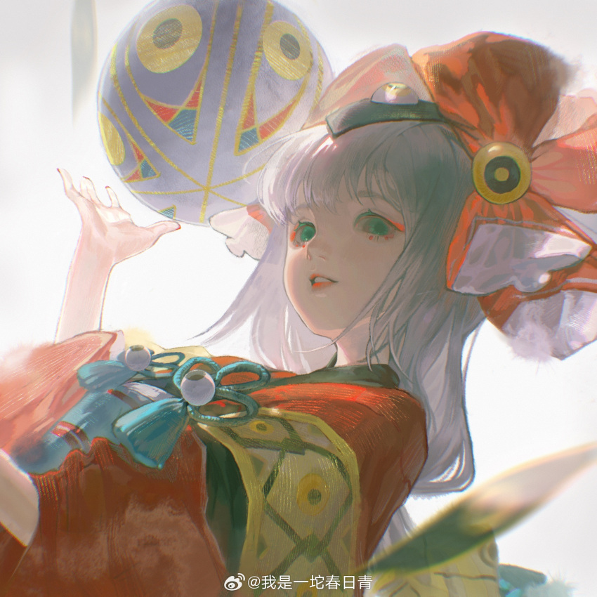 1girl, ball, bow, chinese_clothes, chunriqingqaq, doumeki_(onmyoji), green_eyes, hair_between_eyes