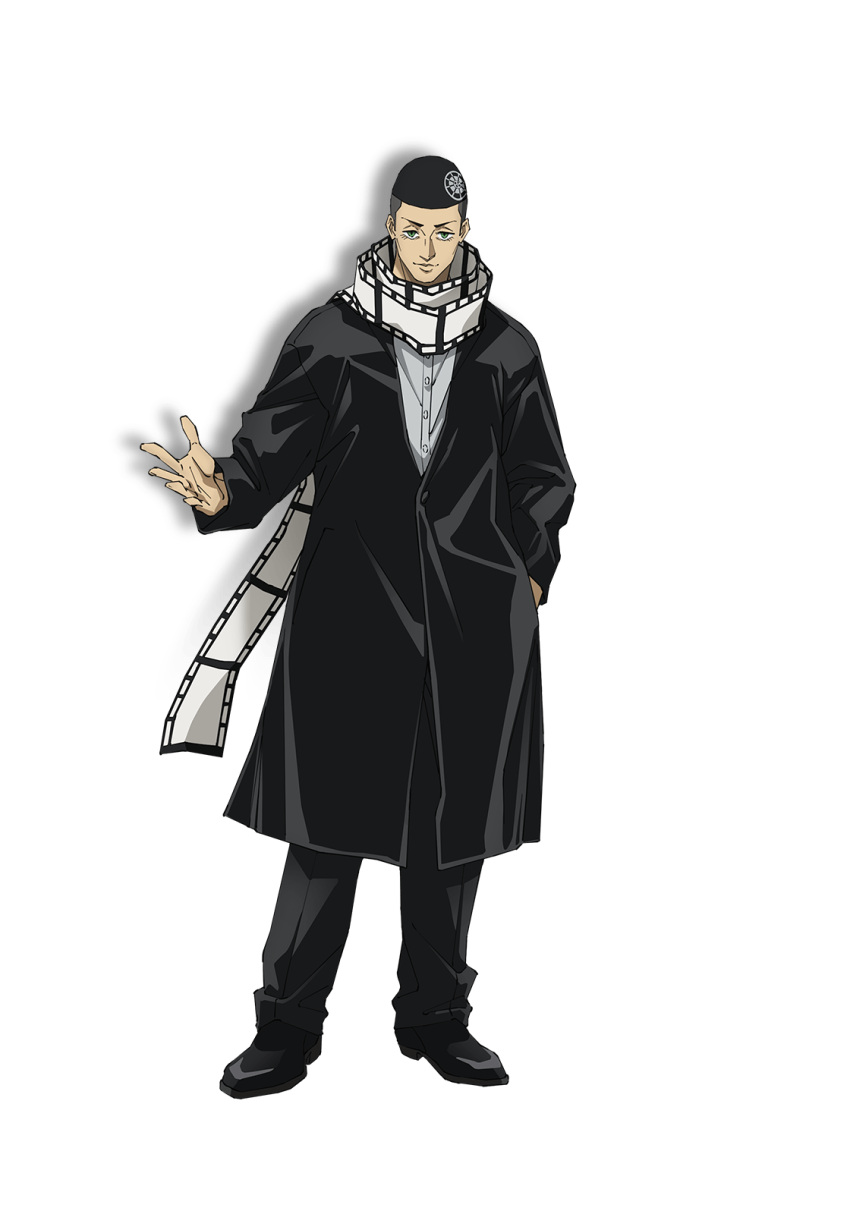 1boy, anime_coloring, black_coat, black_hair, black_pants, closed_mouth, coat, collared_shirt