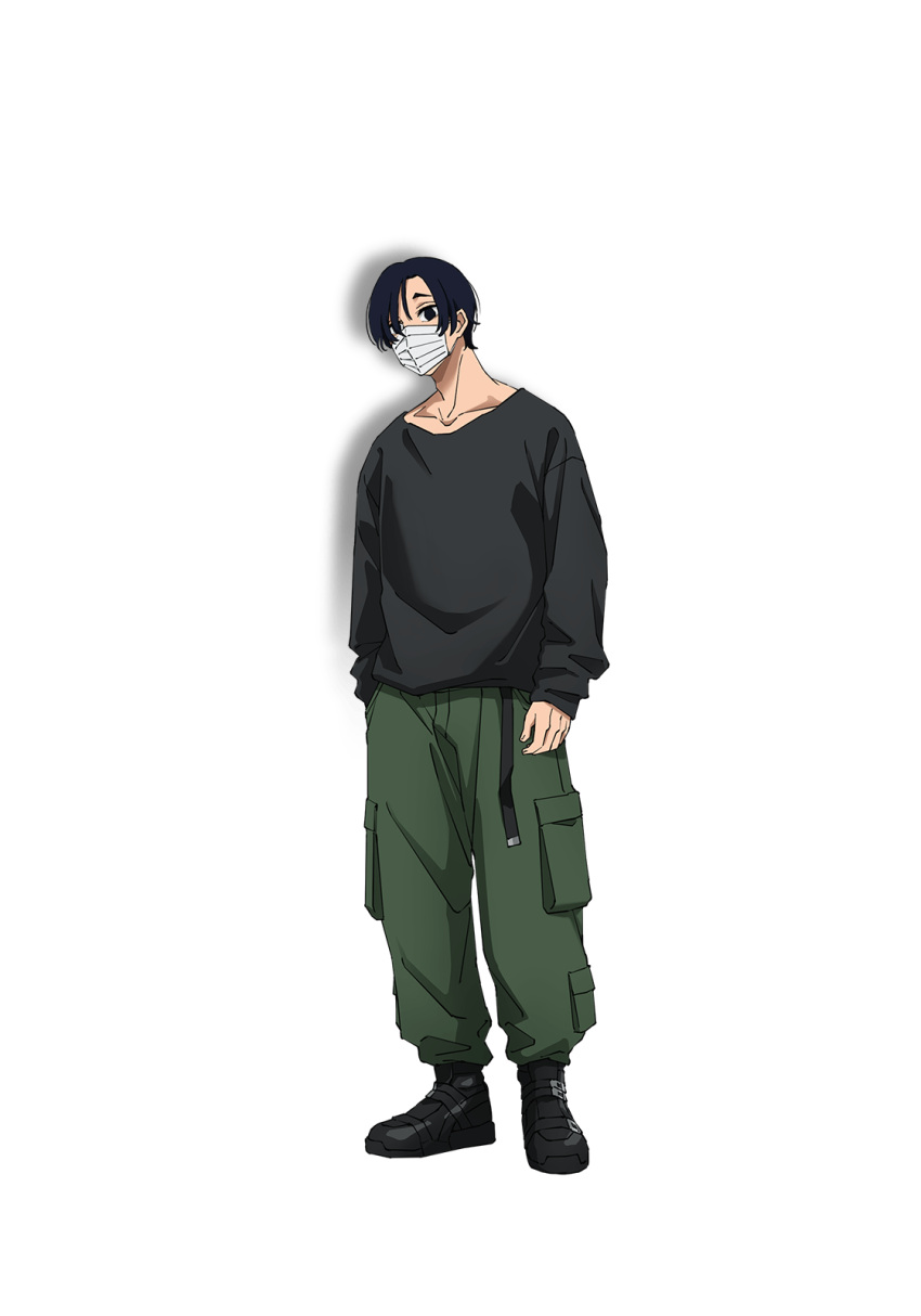 1boy, adam's_apple, anime_coloring, black_boots, black_eyes, black_hair, black_shirt, boots