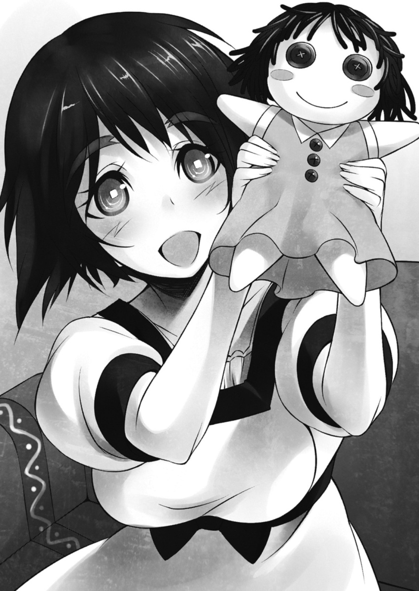 1girl, :d, black_hair, blush, breasts, dress, greyscale, hat