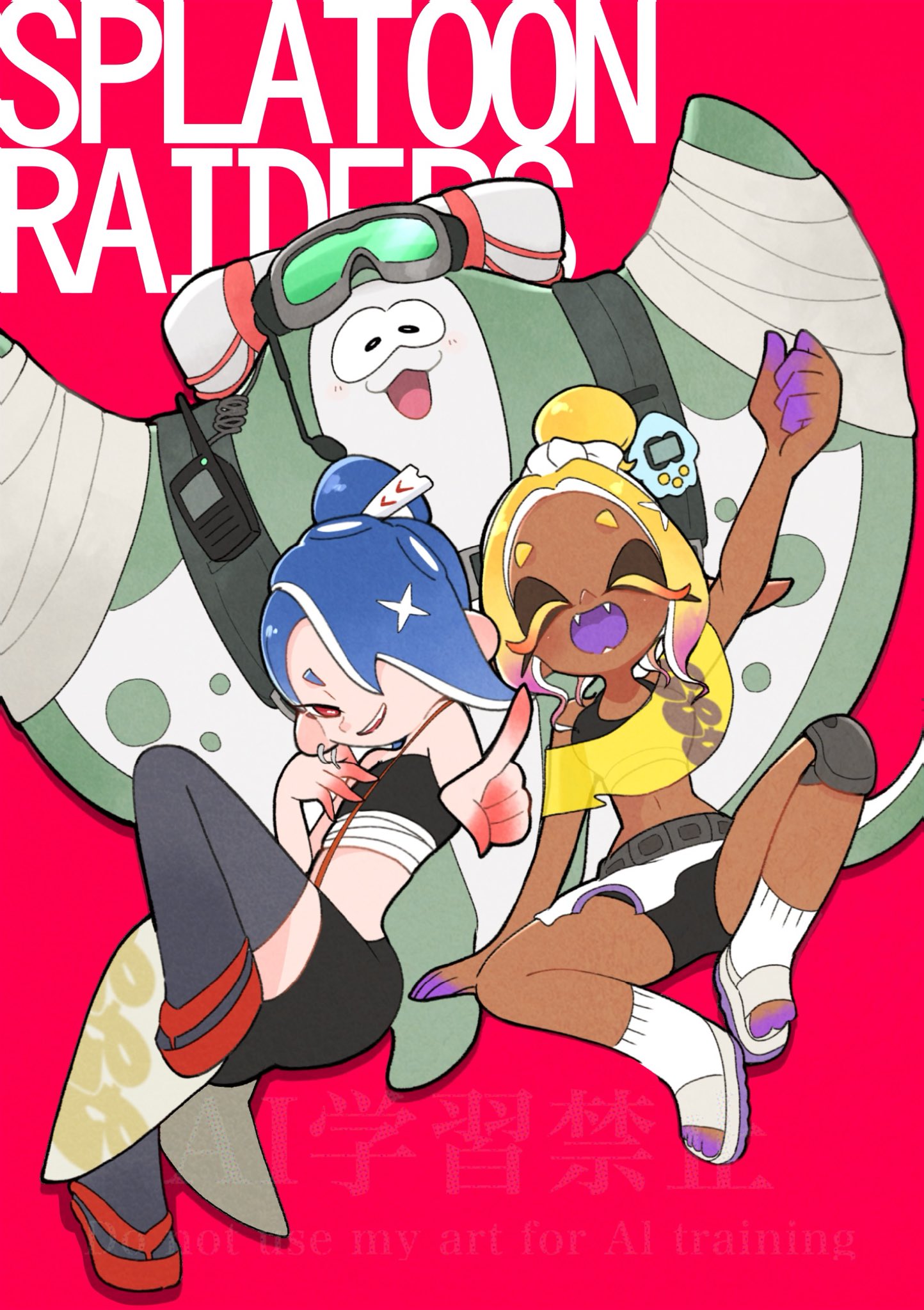1boy, 2girls, 333surimi, big_man_(splatoon), big_man_(splatoon_raiders), blonde_hair, blue_hair, breasts