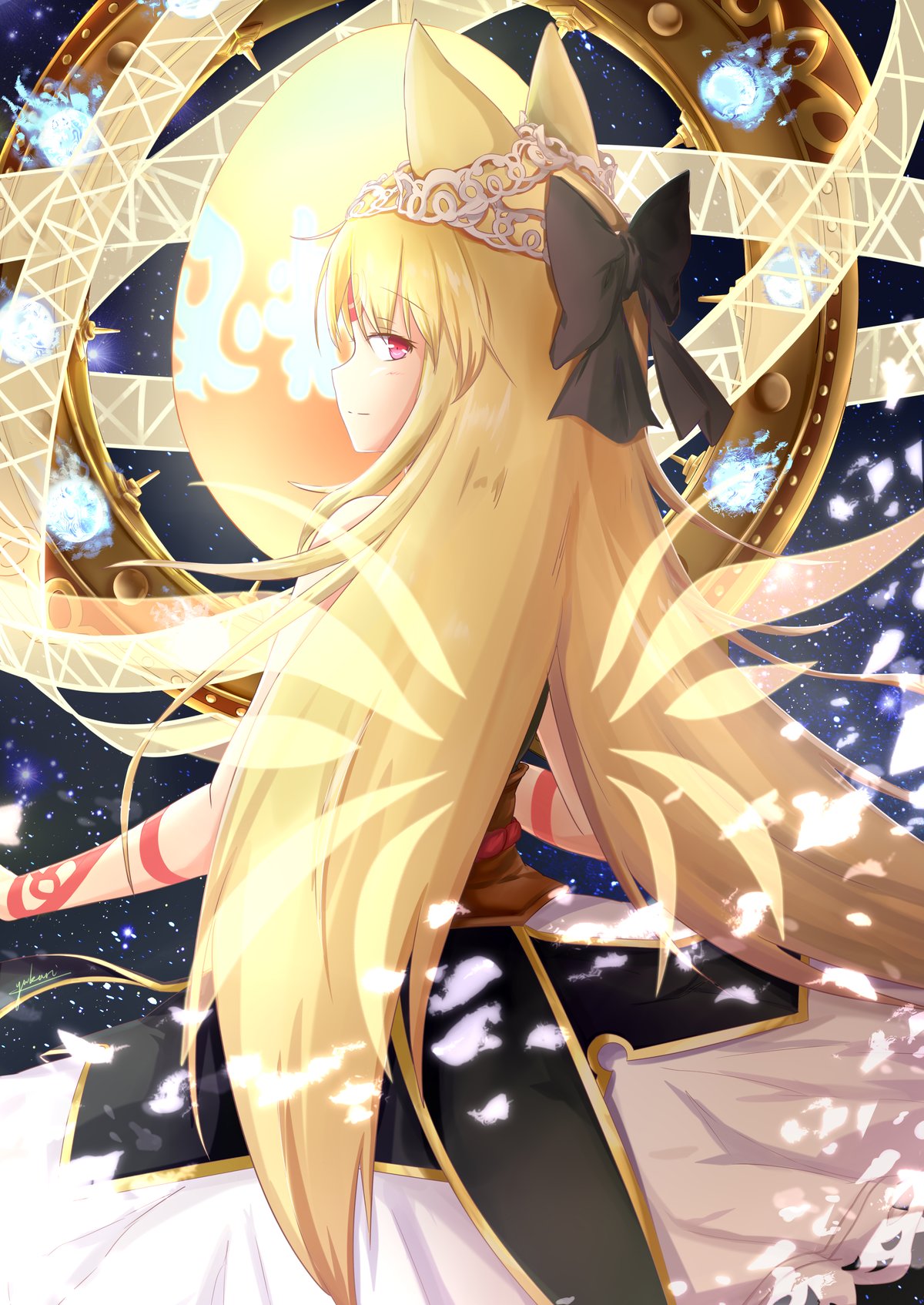 1girl, animal_ears, bare_shoulders, black_dress, black_ribbon, blonde_hair, body_markings, dress