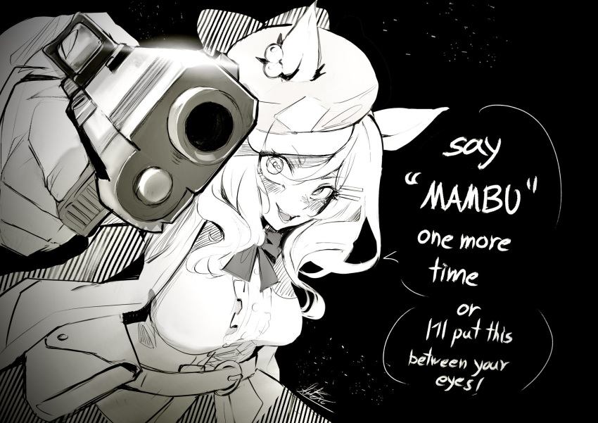 1girl, aiming, aiming_at_viewer, animal_ears, arktic, black_background, bow, bowtie