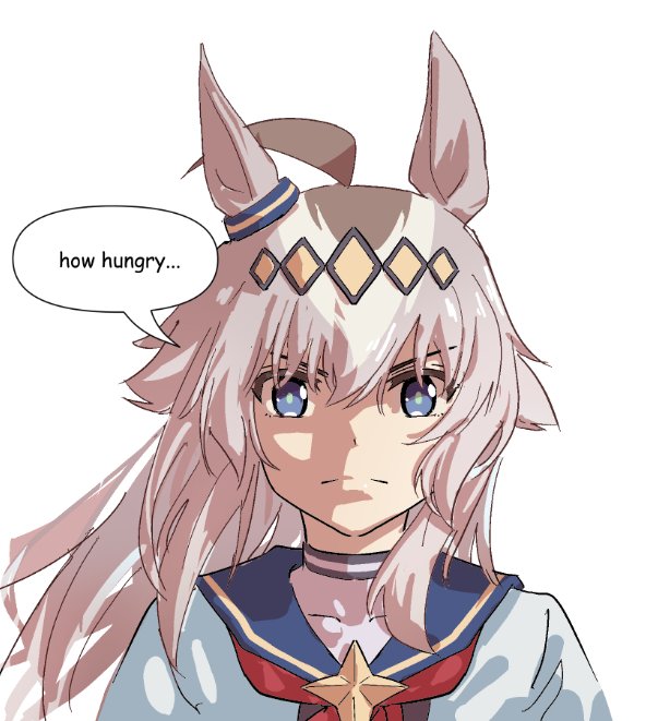1girl, ahoge, animal_ears, blue_eyes, blue_ribbon, blue_sailor_collar, chameleon_ch, closed_mouth, comic_sans, ear_ribbon, english_text, floating_hair, frown, grey_hair, hair_ornament, horse_ears, horse_girl, how_hungry..._(meme), meme, neckerchief, oguri_cap_(umamusume), portrait, red_neckerchief, ribbon, sailor_collar, shirt, simple_background, sketch, solo, umamusume, v-shaped_eyebrows, white_background, white_shirt