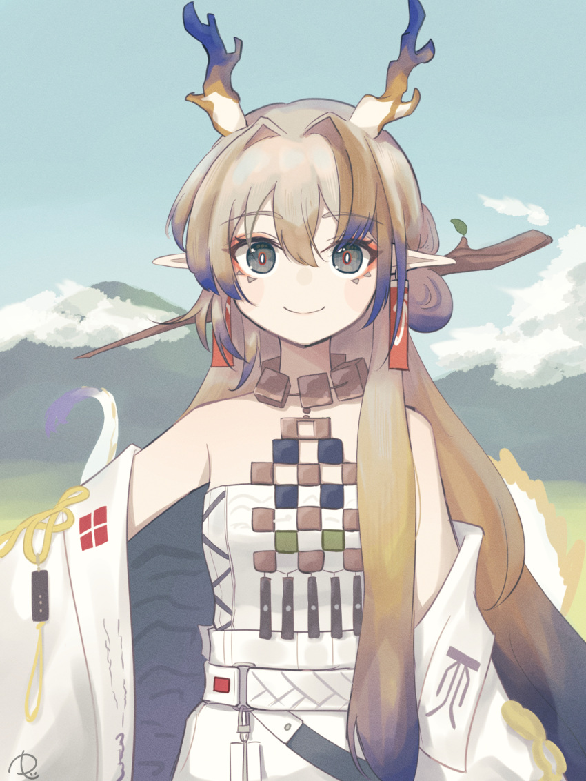 1girl, arknights, bare_shoulders, belt, black_eyes, blonde_hair, bright_pupils, closed_mouth