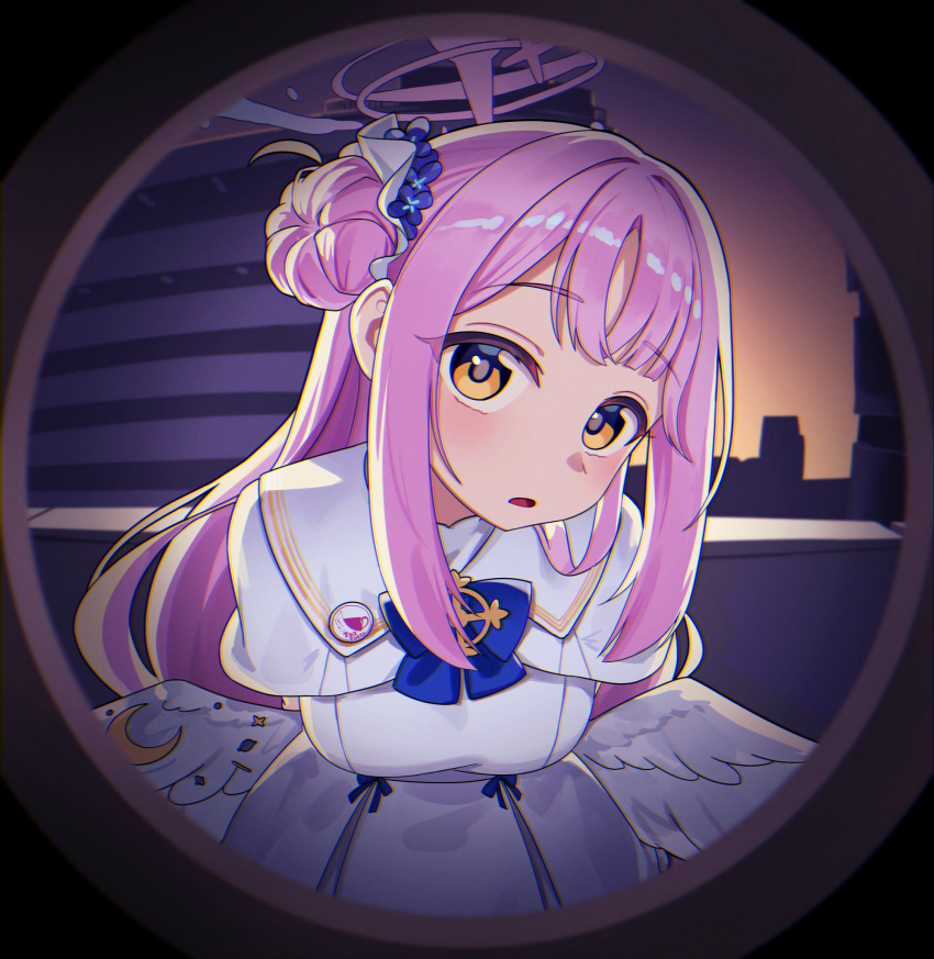 1girl, blue_archive, blush, capelet, commentary_request, daran9, dress, feathered_wings