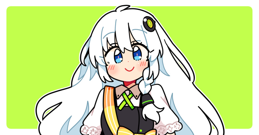 1girl, a.i._voice, ahoge, black_dress, blue_eyes, blush, border, braid