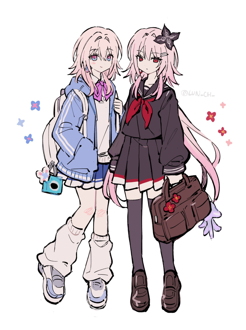 2girls, absurdres, black_shirt, black_skirt, black_thighhighs, blue_skirt, bow, bowtie