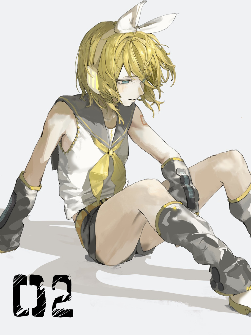 1girl, belt, black_collar, black_gloves, black_leg_warmers, black_shorts, blonde_hair, blue_eyes, brown_belt, collar, gloves, grey_background, half-closed_eyes, highres, kagamine_rin, leg_warmers, medium_hair, neckerchief, number_tattoo, parted_lips, phyordi_9y9, shadow, shirt, shoes, shorts, sitting, solo, tattoo, thigh-highs, vocaloid, white_shirt, white_shoes, yellow_neckerchief
