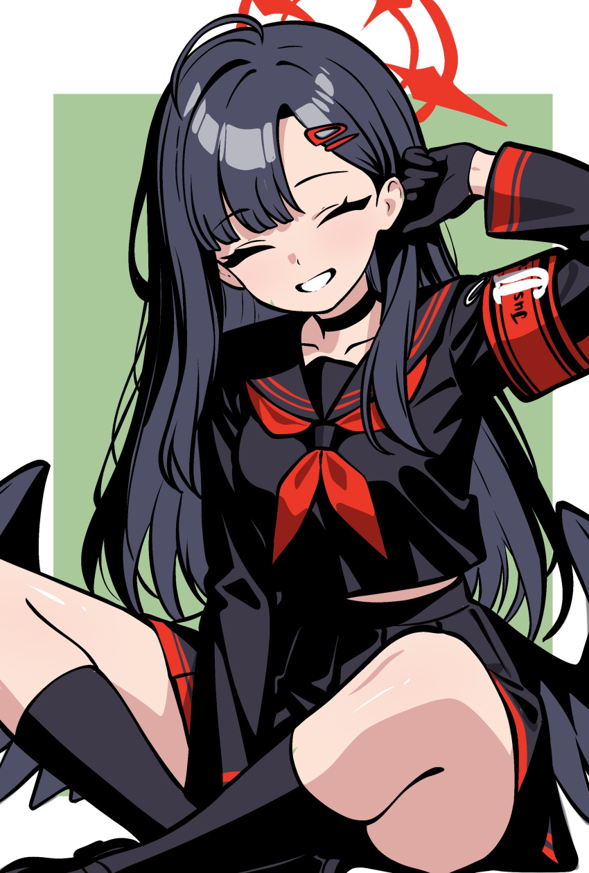 1girl, :d, ^_^, absurdres, ahoge, armband, between_legs, black_choker