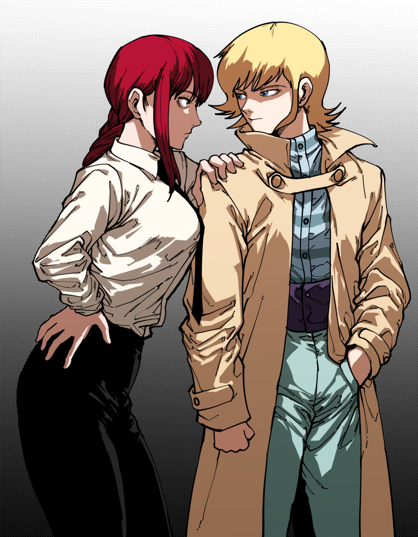 1boy, 1girl, absurdres, asuka_ryou, black_necktie, black_pants, blonde_hair, blue_eyes