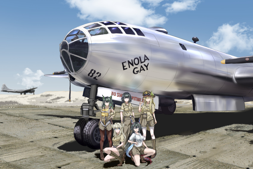 5girls, ahoge, aircraft, airplane, alternate_costume, ankle_boots, arknights, arknights:_endfield