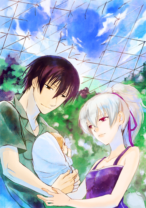 black_hair, couple, darker_than_black, hair_ribbon, hei, holding, if_they_mated, purple_eyes, ribbon, silver_hair, smile, tozai, violet_eyes, yin