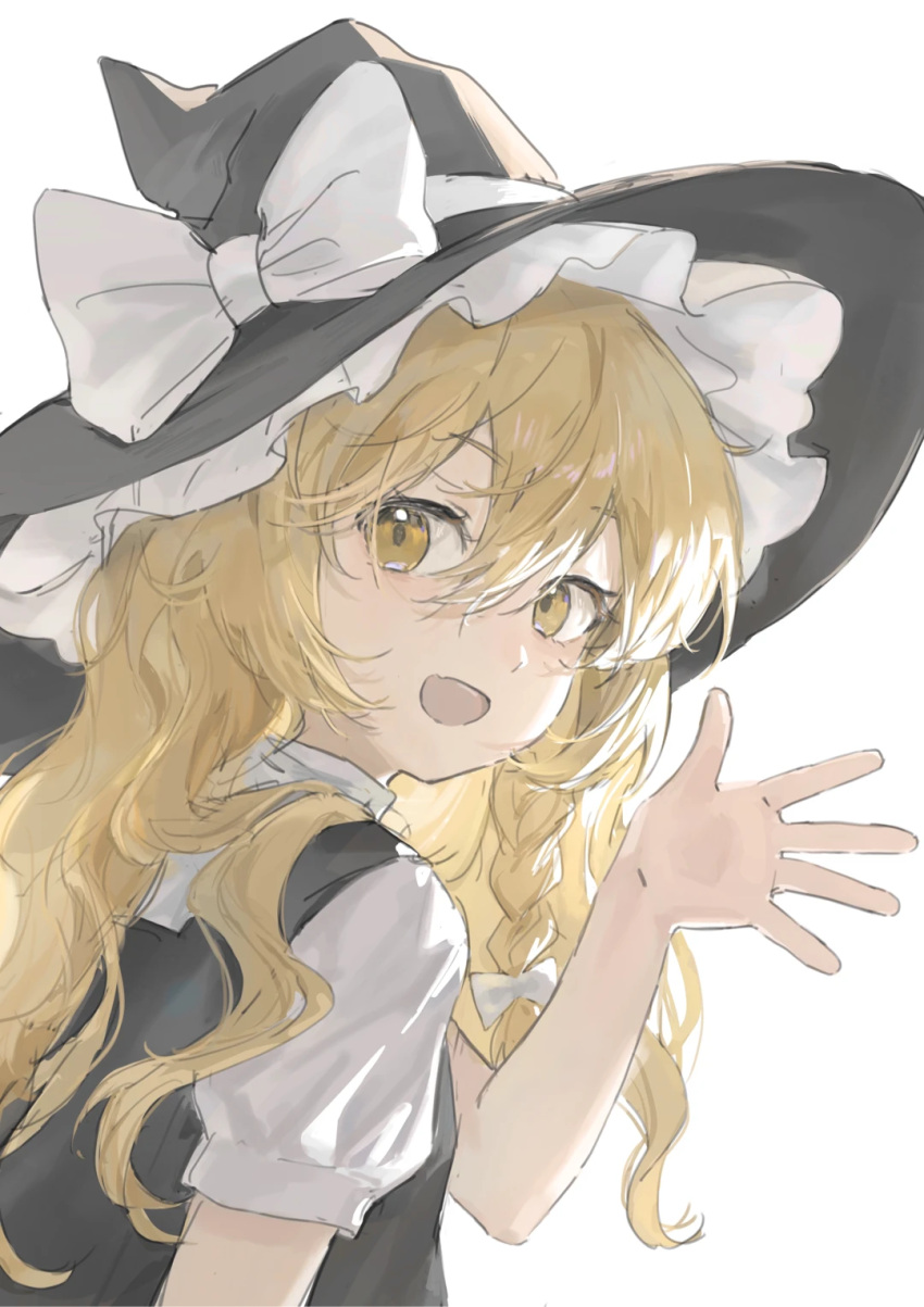 1girl, black_hat, black_vest, blonde_hair, bow, braid, hair_between_eyes, hair_bow