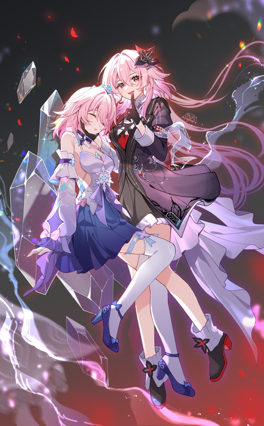 2girls, bare_shoulders, black_boots, black_dress, black_gloves, blue_shoes, blue_skirt, boots