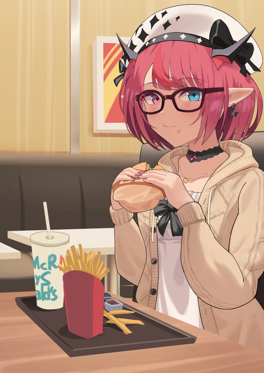 1girl, absurdres, black_choker, blue_eyes, brown_cardigan, burger, cardigan, choker