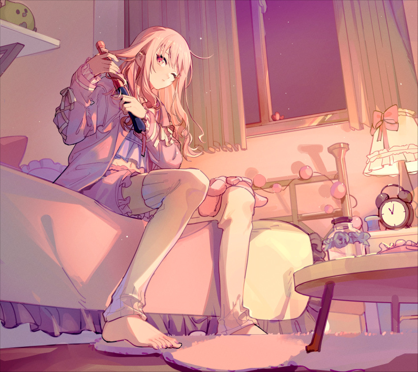 1other, absurdres, akiyama_mizuki, alarm_clock, barefoot, bed, bedroom, clock