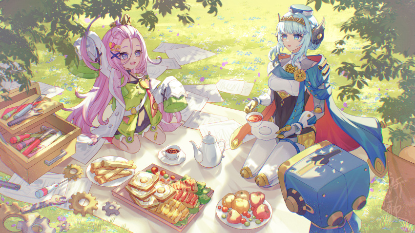 2girls, absurdres, ahoge, aino_(genshin_impact), android, aqinorz, artist_name, bandages