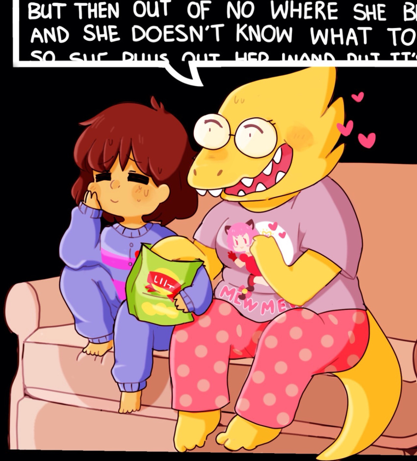 1girl, 1other, 2015, 2d, alphys, alternate_costume, ambiguous_gender, anthro, black_background, blue_romper, brown_hair, child, colored_skin, couch, digital_media, dinosaur, dinosaur_girl, duo, english_text, female, food, frisk_(undertale), glasses, heart, horizontal-striped_clothes, human, lizard, lizard_girl, lizard_tail, luxjii, monster, monster_girl, on_couch, open_mouth, other_focus, pants, pink_stripes, polka_dot, polka_dot_pants, potato_chips, red_pants, reptile, reptile_girl, reptile_tail, romper, round_eyewear, scalie, shirt, short_hair, simple_background, sitting, snack, speech_bubble, striped_clothes, striped_romper, t-shirt, teeth, text, two-tone_romper, undertale, utdr_(toby_fox), yellow_skin