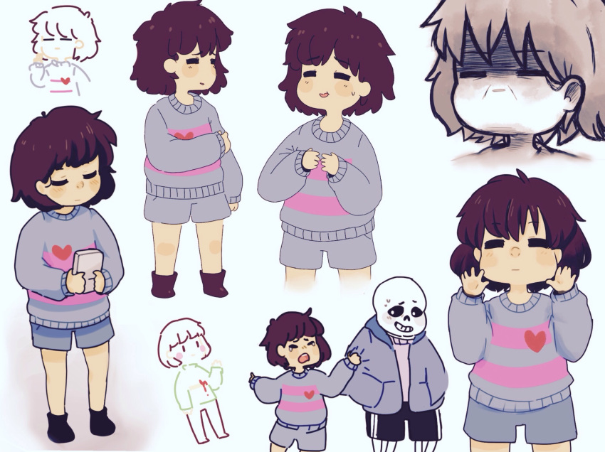 1boy, 2015, 2d, 2others, ambiguous_gender, black_shoes, black_shorts, blue_hood, blue_jacket, blue_shorts, blue_sweater, brown_hair, chara_(undertale), child, clothes_grab, cowboy_shot, crying, digital_media, frisk_(undertale), full_body, hands_in_pockets, hands_up, highres, hood, hood_down, hooded_jacket, horizontal-striped_clothes, human, jacket, luxjii, male, multiple_others, multiple_views, open_clothes, open_jacket, other_focus, pink_stripes, pointing, sans_(undertale), shirt, shoes, short_hair, shorts, simple_background, standing, striped_clothes, striped_shorts, striped_sweater, sweat, sweater, tears, two-tone_sweater, undertale, utdr_(toby_fox), vertical-striped_clothes, vertical-striped_shorts, white_background, white_shirt, white_stripes