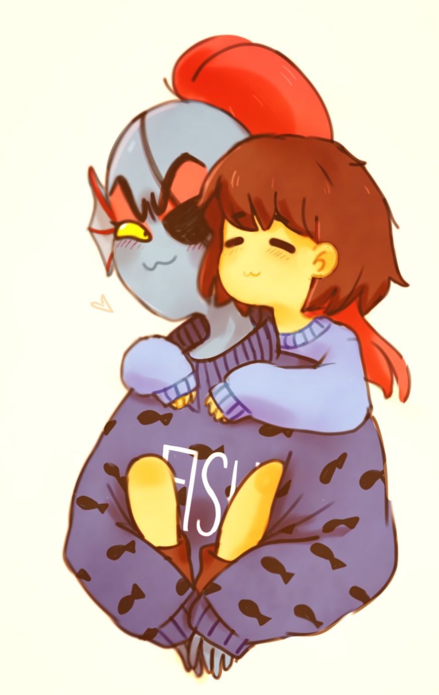 1girl, 1other, 2016, 2d, :3, ambiguous_gender, anthro, black_eyepatch, blue_shorts, blue_skin, blue_sweater, boots, brown_boots, brown_hair, carrying, carrying_person, child, colored_sclera, cropped_torso, digital_media, duo, ear_fins, eyepatch, female, fins, fish, fish_girl, frisk_(undertale), head_fins, heart, high_ponytail, human, long_hair, luxjii, monster, monster_girl, piggyback, ponytail, purple_sweater, red_hair, short_hair, shorts, simple_background, sweater, undertale, undyne, utdr_(toby_fox), yellow_background, yellow_sclera