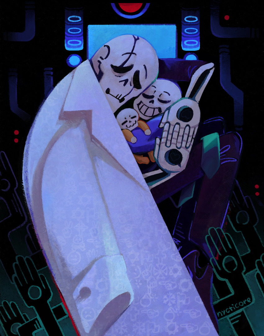 2025, 2d, 3boys, aged_down, artist_name, blue_jacket, brothers, child, closed_eyes, coat, digital_media, family, father_and_son, group_hug, hole_in_hand, hug, humanoid, jacket, lab_coat, male, male_focus, male_only, monster, monster_boy, multiple_boys, nycticore, own_hands_clasped, own_hands_together, papyrus_(undertale), sans_(undertale), siblings, skeleton, stigmata, teeth, toddler, trio, undead, undertale, utdr_(toby_fox), w.d._gaster, white_coat