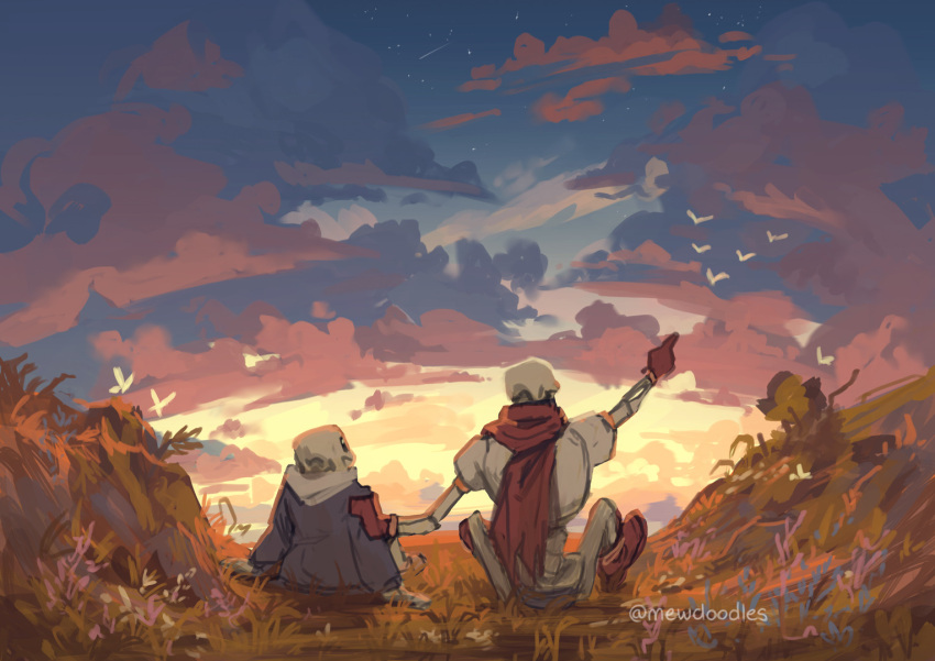 2024, 2boys, 2d, arm_support, armor, artist_name, bird, black_shorts
