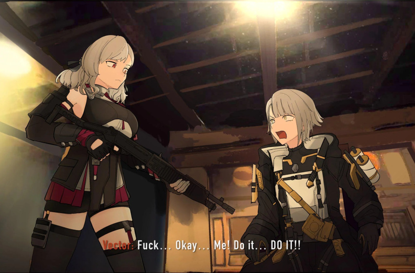 call_of_duty, call_of_duty:_black_ops_2, girls_frontline, long_hair, multiple_girls, parody, short_hair, shotgun