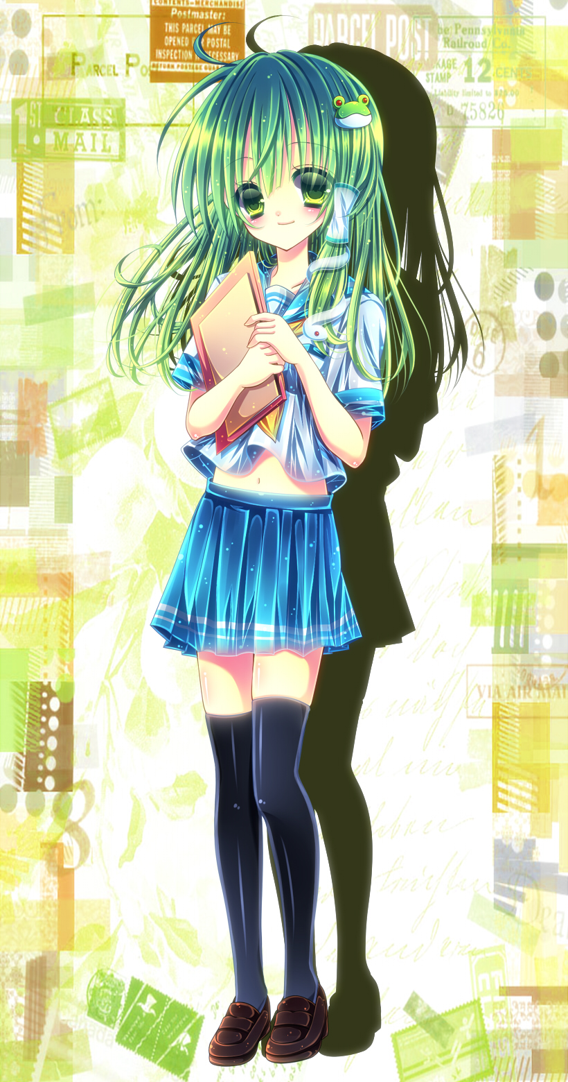 ahoge, black_legwear, frog, green_eyes, green_hair, hair_ornament, hair_tube, hair_tubes