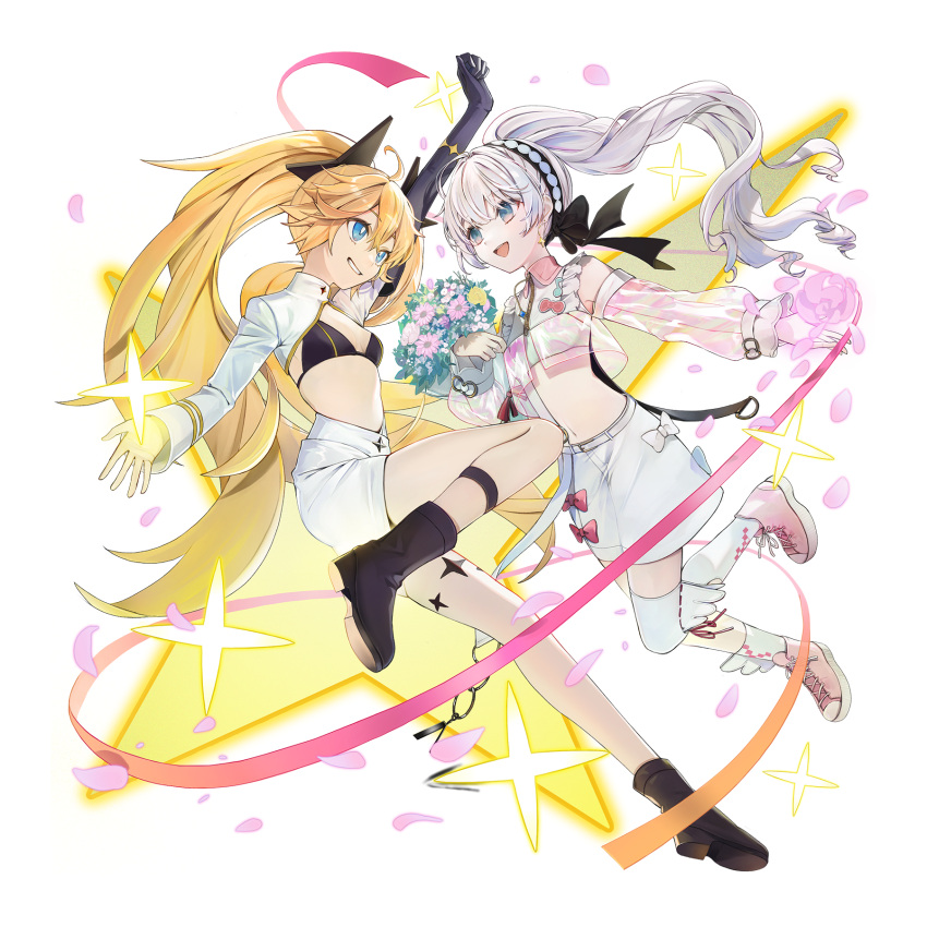 2girls, ahoge, asymmetrical_gloves, asymmetrical_legwear, bare_shoulders, belt, bikini, bikini_top_only