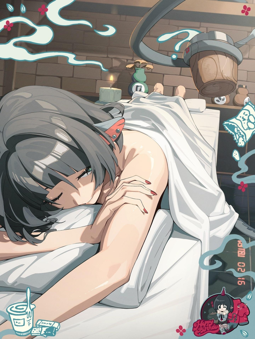 1girl, animal_ears, happy_birthday, jane_doe_(zenless_zone_zero), long_hair, mouse_ears, mouse_tail, spa