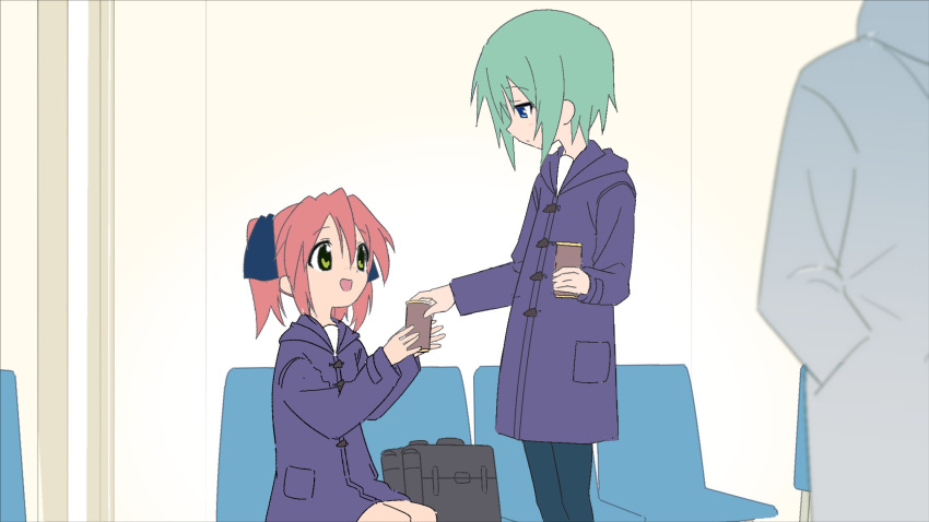 2girls, blue_bow, blue_coat, blue_eyes, bow, briefcase, chair, coat
