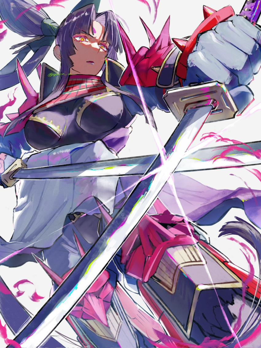 1girl, armor, azamaru_(fate), black_hair, breasts, cowboy_shot, dual_wielding, evil_eyes, expressionless, facing_viewer, fate/grand_order, fate_(series), fire, gloves, hair_bun, hat, highres, holding, holding_weapon, japanese_armor, katana, kote, kusazuri, long_hair, looking_ahead, multicolored_eyes, open_mouth, parted_bangs, purple_fire, purple_lips, shanaoh, shoulder_armor, side_ponytail, sidelocks, simple_background, single_hair_bun, single_side_bun, sode, solo, suneate, sword, taira_no_kagekiyo_(fate), taira_no_kagekiyo_(second_ascension)_(fate), tate_eboshi, ushiwakamaru_(fate), very_long_hair, weapon