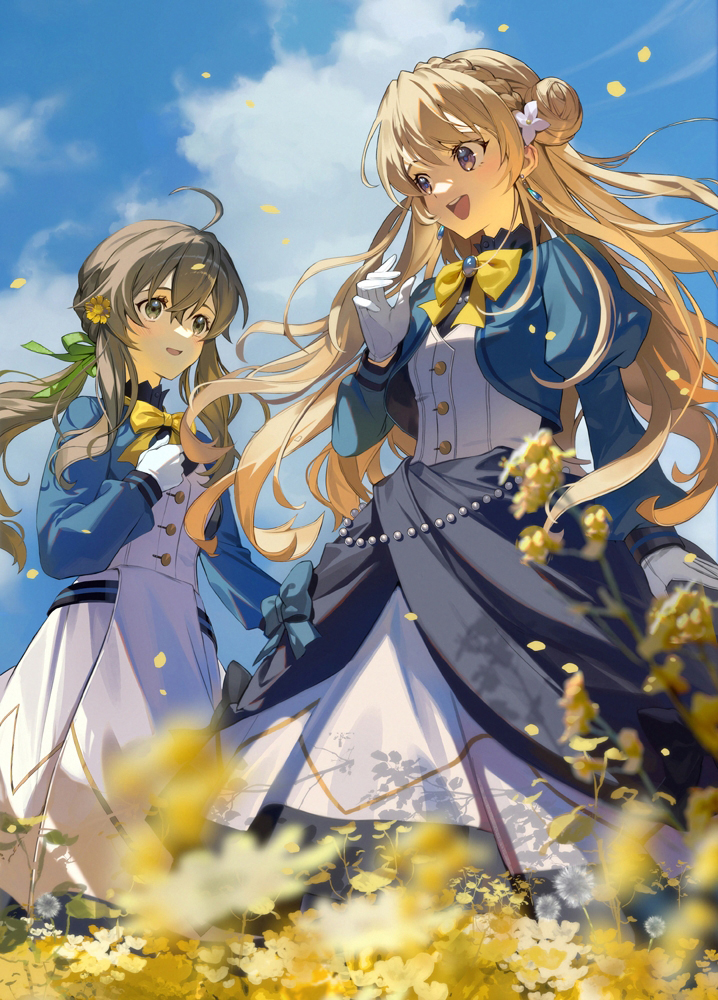 2girls, ahoge, blonde_hair, blue_jacket, blue_sky, bow, bowtie, braid