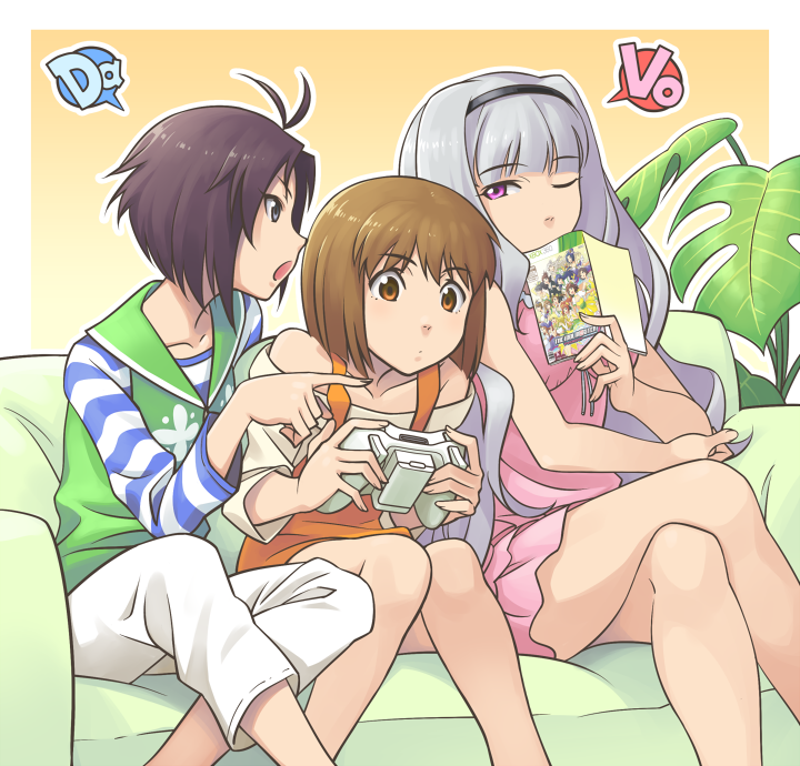 antenna_hair, arguing, bare_legs, black_hair, blue_hair, book, brown_eyes, brown_hair