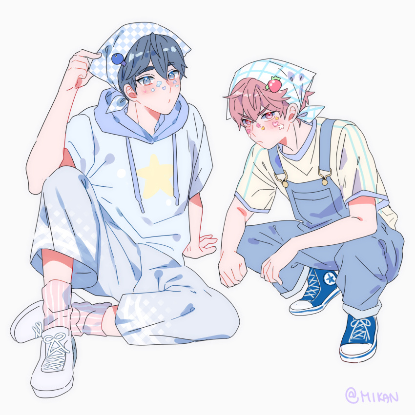 2boys, arm_support, arm_up, bamby_(plave), bandana, blue_eyes, blue_hair, blue_hoodie