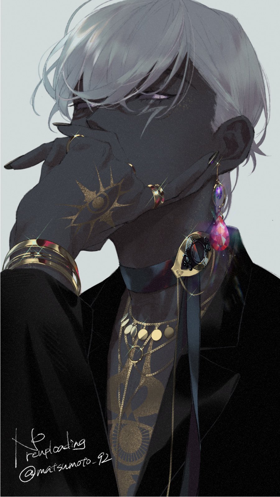 1boy, black_choker, black_shirt, body_markings, bracelet, choker, colored_sclera, colored_skin