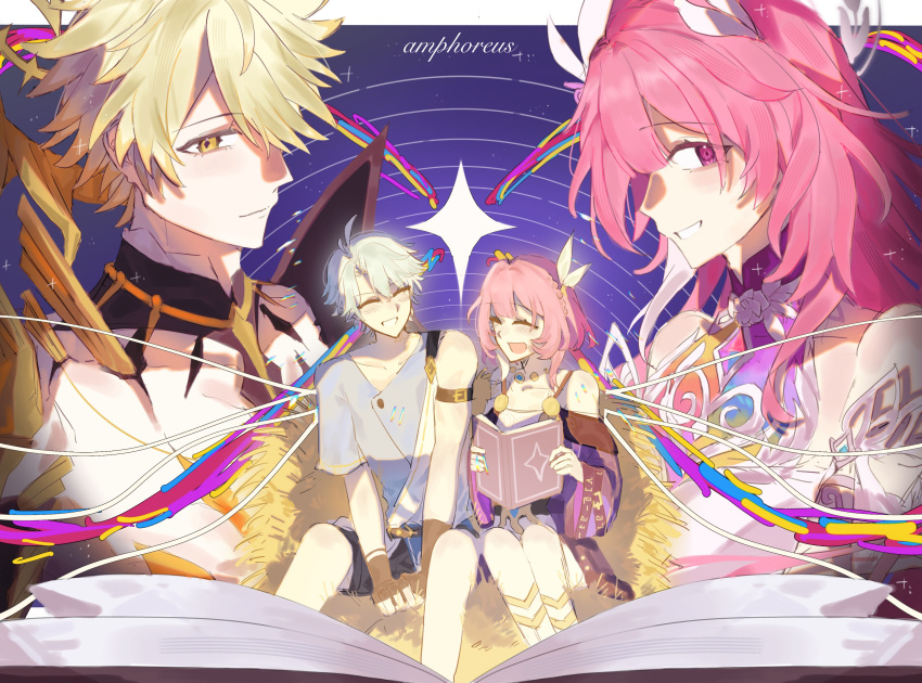 1boy, 1girl, absurdres, ahoge, amphoreus_(honkai:_star_rail), arm_belt, bare_shoulders, black_shorts