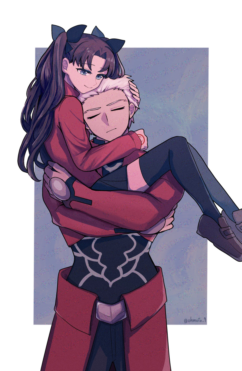 1boy, 1girl, absurdres, archer_(fate), black_shirt, black_thighhighs, blue_eyes, brown_hair