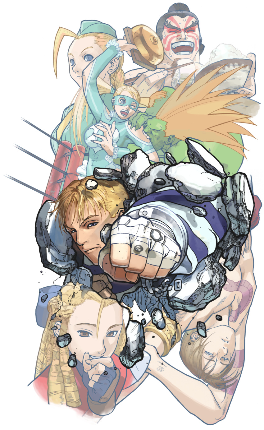 3girls, 4boys, ahoge, bengus, biting, biting_another's_arm, blanka, blonde_hair