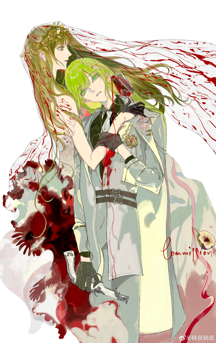 1other, absurdres, androgynous, belt, black_gloves, blood, blood_on_clothes, blood_on_hands, commission, cup, dress, drinking_glass, enkidu_(fate), fate/grand_order, fate_(series), gloves, green_eyes, green_hair, gun, hair_between_eyes, handgun, highres, holding, holding_cup, holding_gun, holding_weapon, jacket, laurel_crown, long_hair, long_sleeves, necktie, open_mouth, see-through_clothes, see-through_veil, shamhat_(fate), shirt, simple_background, spilling, veil, watermark, weapon, weibo_7846831215, weibo_watermark, white_background, wine_glass
